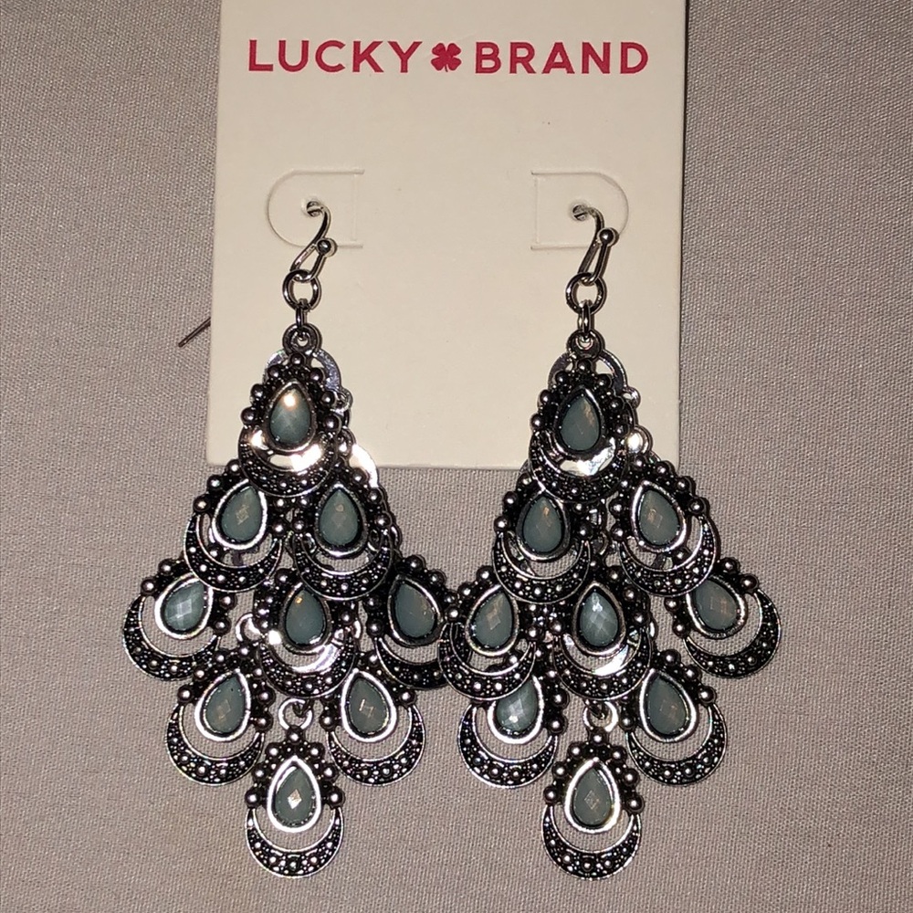Lucky Brand Silver Tone & Slate Blue Teardrop Tiered Chandelier Earrings NEW - Picture 2 of 11